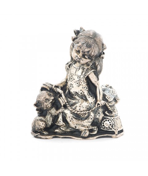 Handmade silver figure "Girl with a kitten" ser00055 Onix