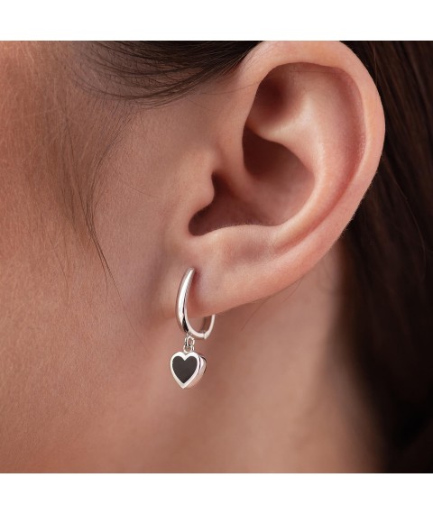 Earrings "Hearts" in white gold (enamel) s08338 Onyx