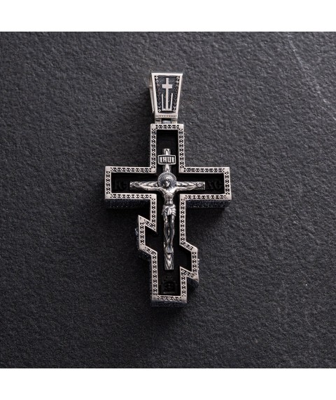 Чоловічий православний хрест "Розп'яття. Спаси та Збережи" з ебенового дерева та срібла 1329 Онікс