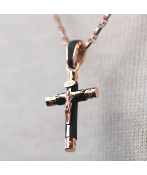 Men's Orthodox cross "Crucifixion. Save and Preserve" (in Ukrainian) made of ebony and gold p03473 Onyx