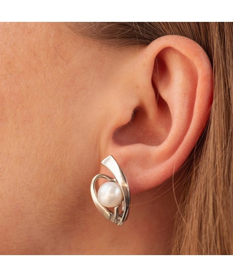 Silver earrings (cult. fresh pearls) 12989 Onyx
