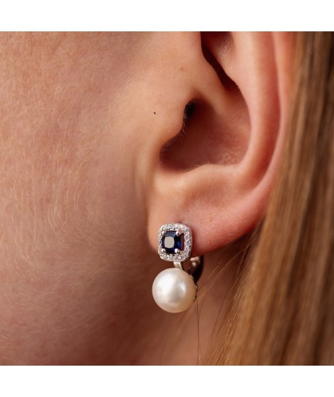 Silver earrings with pearls, synthetic. sapphires and cubic zirconia 2487/1р-PWTNS Onix