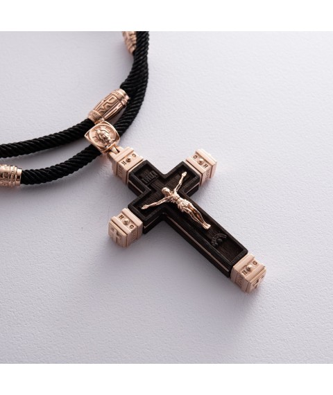 Мужской православный крест из эбенового дерева и золота на шнурке кол02416 Онікс