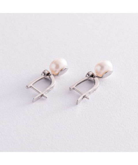 Silver earrings with pearls and cubic zirconia 2451/1р-PWT Onix