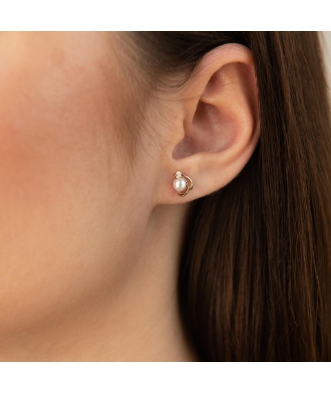 Gold stud earrings (cult. unleavened pearls, cubic zirconia) s02453 Onyx