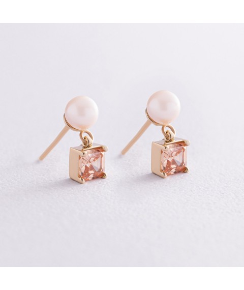Gold earrings - studs "Alma" (orange cubic zirconia, pearls) s08259 Onyx
