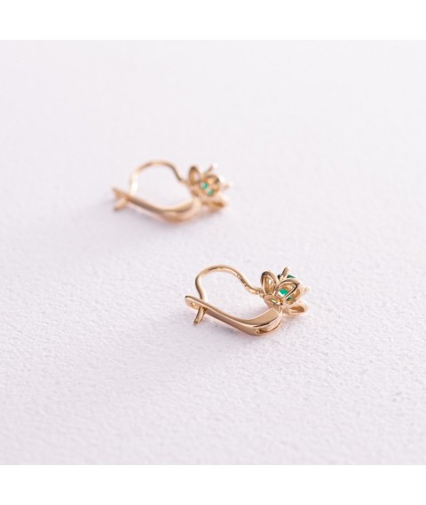 Children's gold earrings "Flowers" (green cubic zirconia) s08064z Onyx