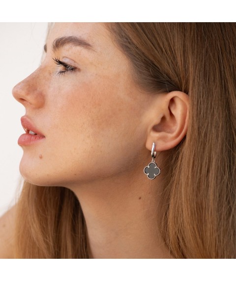 Silver earrings "Clover" (onyx) 123368 Onyx