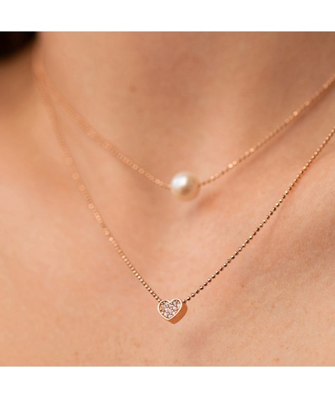 Double necklace "Heart and pearl" with cubic zirconia (red gold) count02546 Onix 37