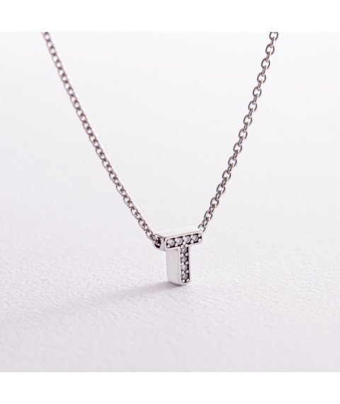 Silver necklace with the letter "T" with cubic zirconia 1103 T Onix 45