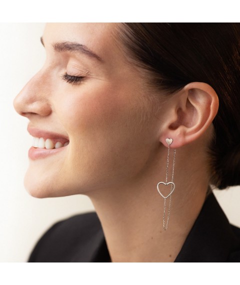 Gold earrings - studs on a chain "Hearts" s05954 Onyx