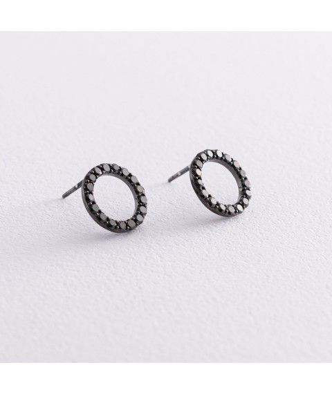 Gold earrings - studs "Cycle" (black diamonds) 1.2 cm sb0357di Onix