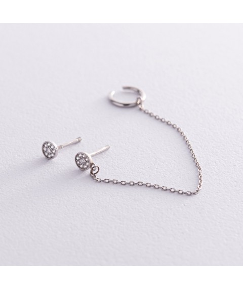 Asymmetrical silver earrings - studs with cubic zirconia (earring - cuff) 902-00898 Onyx