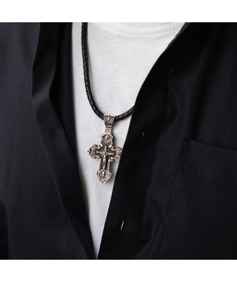 Чоловічий православний хрест "Розп'яття. Спаси та Збережи" з ебенового дерева та срібла 624 Онікс