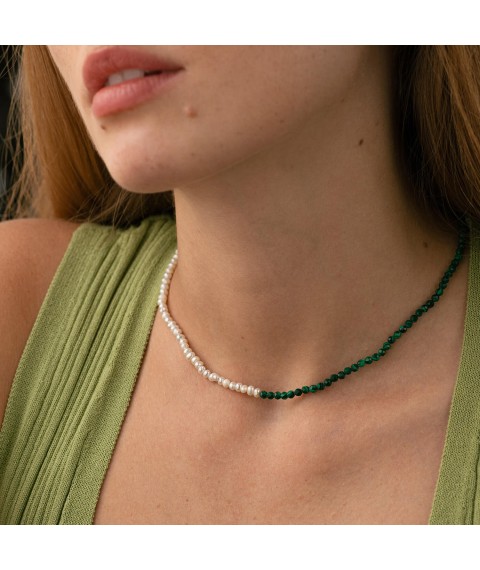 Silver necklace "Pearls and malachite" 181285 Onyx 45