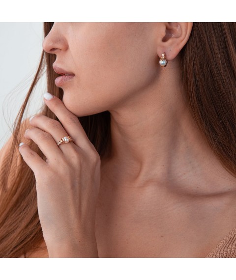 Gold earrings (cult. fresh pearls, cubic zirconia) s04994 Onyx