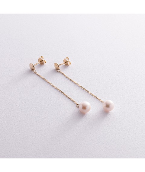 Earrings - studs "Pearl on a chain" in yellow gold s08294 Onyx