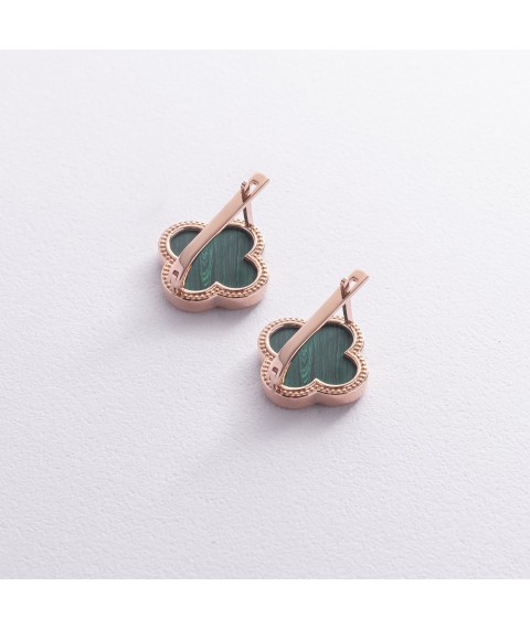 Gold earrings "Clover" with malachite s09012 Onyx