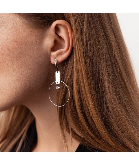 Silver earrings "Geometry" with cubic zirconia 4989 Onyx