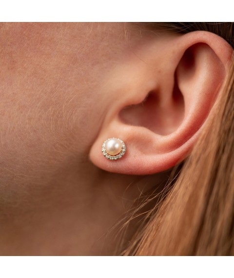 Gold earrings - studs "Linea" (pearls, cubic zirconia) s08915 Onix