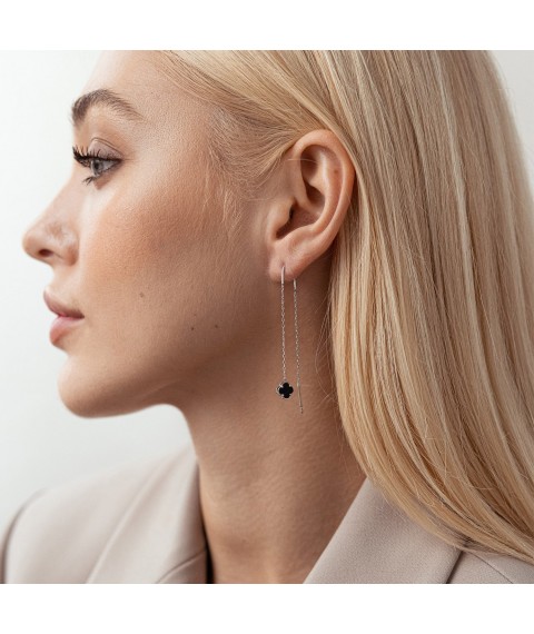 Silver earrings - broaches "Clover" with onyx 123173 Onyx
