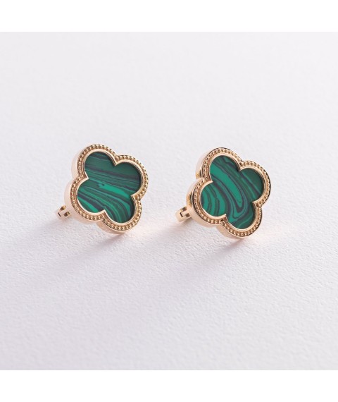 Gold earrings "Clover" with malachite s07366 Onyx