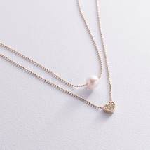 Double necklace "Heart and pearl" with cubic zirconia (yellow gold) count02545 Onyx 37