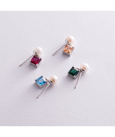 Gold earrings - studs "Alma" (pink cubic zirconia, pearls) s08247 Onyx