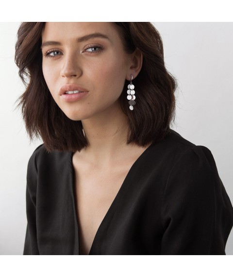 Dangling earrings "Coins" made of white gold s06394 Onyx