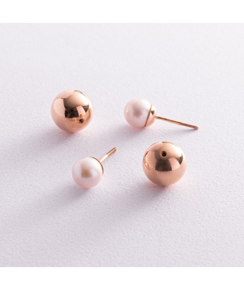 Gold earrings "Balls" with pearls s03441 Onyx