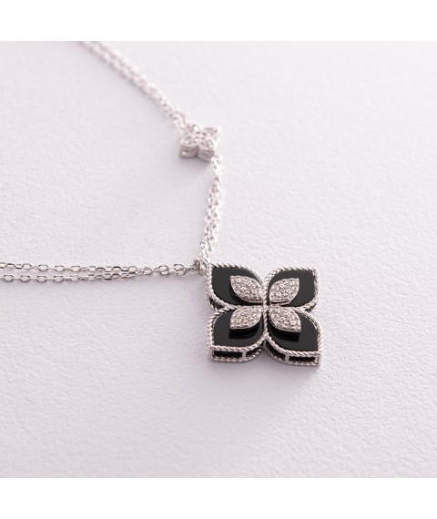 Silver necklace "Clover" (polymer, cubic zirconia) 181232 Onyx