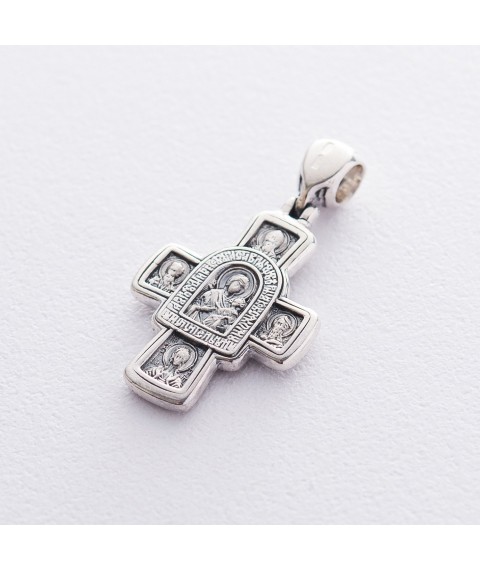 Серебряный крест «Господь Вседержитель. Иверская икона Божией Матери и восемь святых» 13354 Онікс