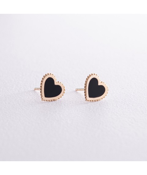 Earrings - studs "Hearts" in yellow gold (enamel) s08068 Onyx