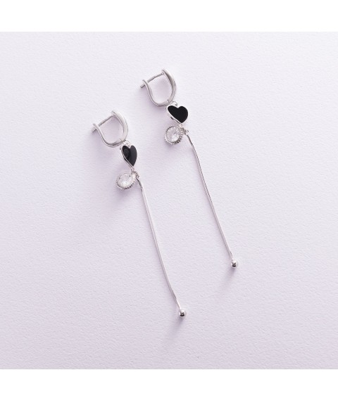 Silver earrings "Hearts" (enamel, cubic zirconia) 122789 Onyx