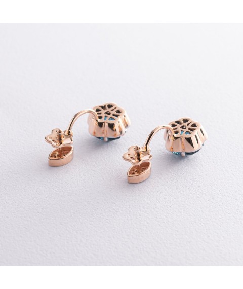 Gold stud earrings "Flowers" (London topaz) with 1005k Onyx
