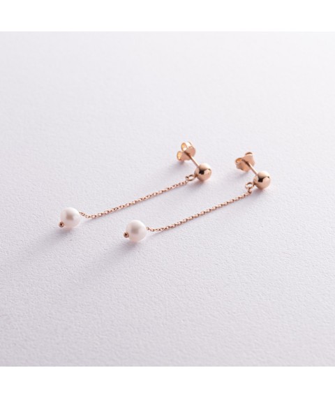 Earrings - studs "Pearl on a chain" in red gold s08291 Onyx