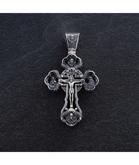 Мужской православный крест "Распятие" из эбенового дерева и серебра 850 Онікс