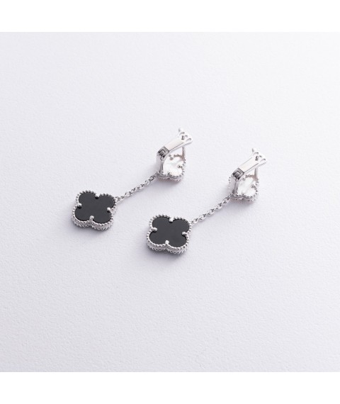 Silver earrings "Clover" (mother of pearl, onyx) 123380 Onyx