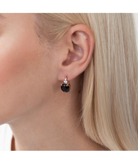 Gold earrings (smoky quartz, cubic zirconia) s02854 Onyx