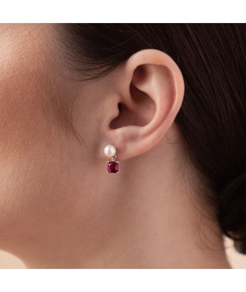 Gold earrings - studs "Alma" (pink cubic zirconia, pearls) s08247 Onyx
