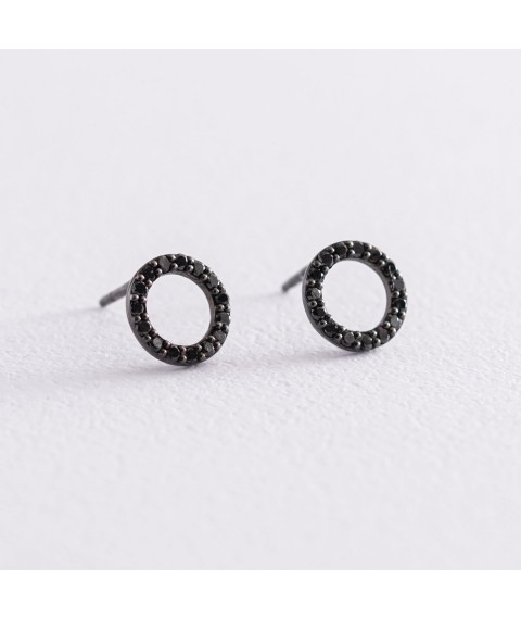 Gold earrings - studs "Cycle" (black diamonds) 0.8 cm sb0356di Onyx