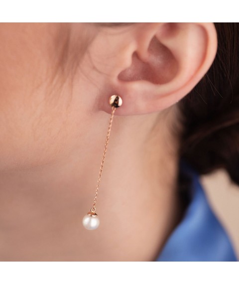 Earrings - studs "Pearl on a chain" in red gold s08315 Onyx