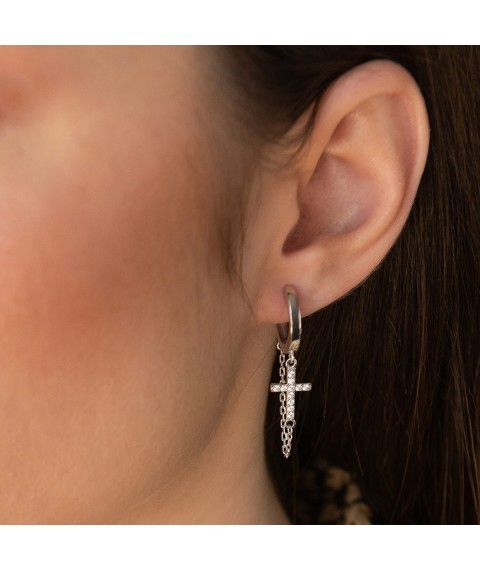 Silver earrings "Cross with chains" (cubic zirconia) OR133010 Onyx