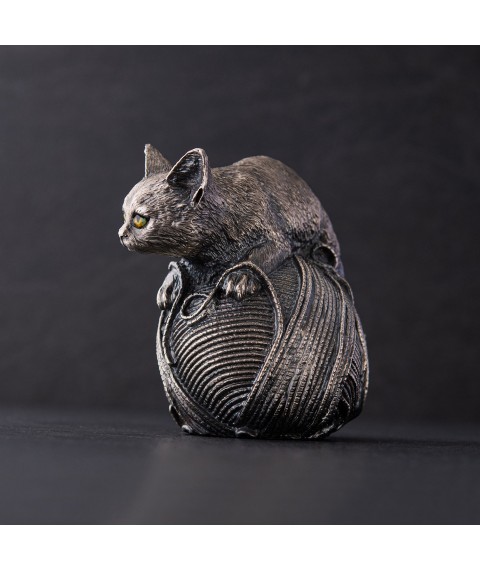 Серебряная фигура ручной работы "Кот и клубок ниток" котик Онікс
