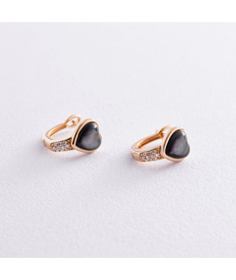 Gold earrings "Hearts" with diamonds and mother of pearl sb0471sc Onyx