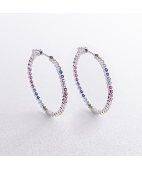 Серебряные серьги - кольца с разноцветными фианитами 123304 Онікс