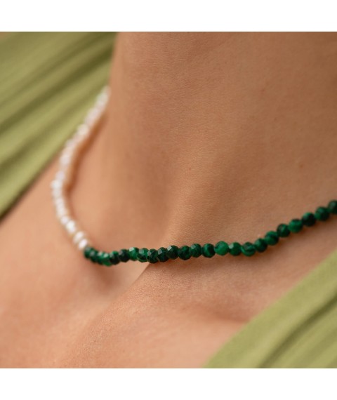 Silver necklace "Pearls and malachite" 181285 Onyx 45