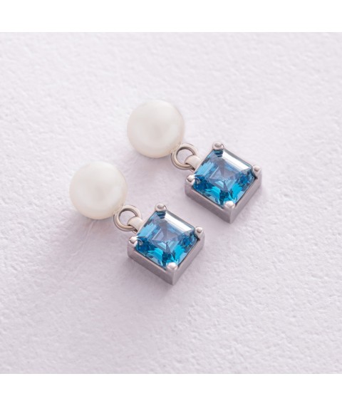Gold earrings - studs "Alma" (blue cubic zirconia, pearls) s08250 Onyx