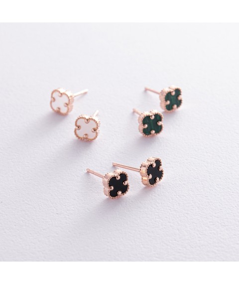 Earrings - studs "Clover" with malachite mini (red gold) s08404 Onyx