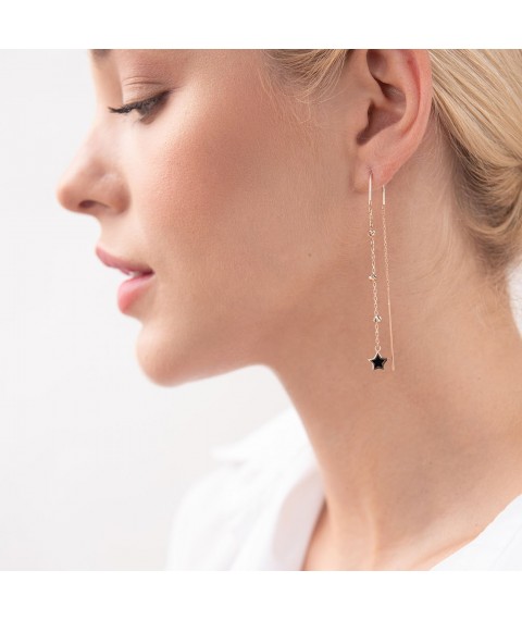 Gold earrings - broaches "Stars" (enamel) s07350 Onyx